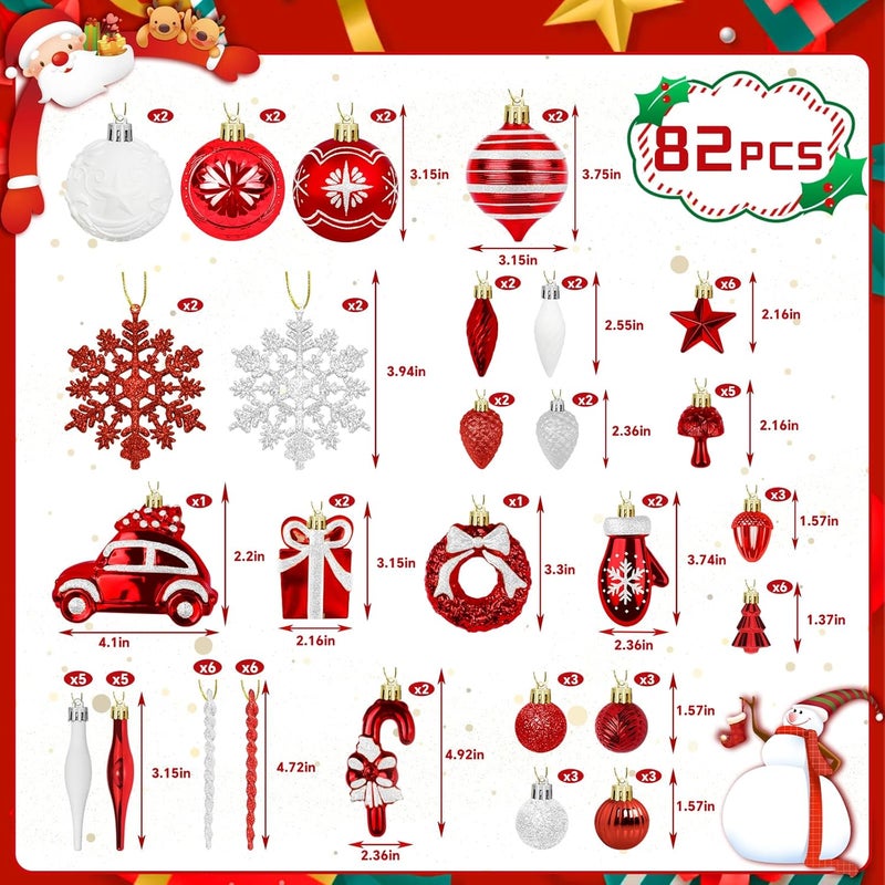 EverMerry 82PCS Christmas Ornaments, Ornaments with Hanging Strings for Christmas Tree Decorations, Hanging Xmas Decorations with Kraft Paper Box with Lid for Holiday, Party(Red&White) - Image 2
